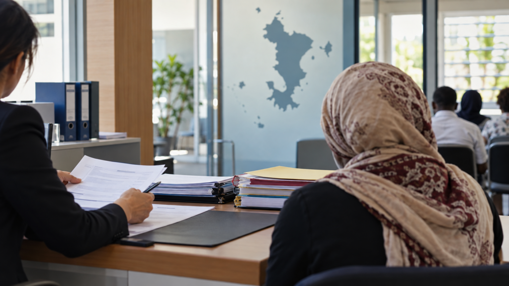 Accueil administratif pour demandeurs d’asile avec carte stylisée de Mayotte