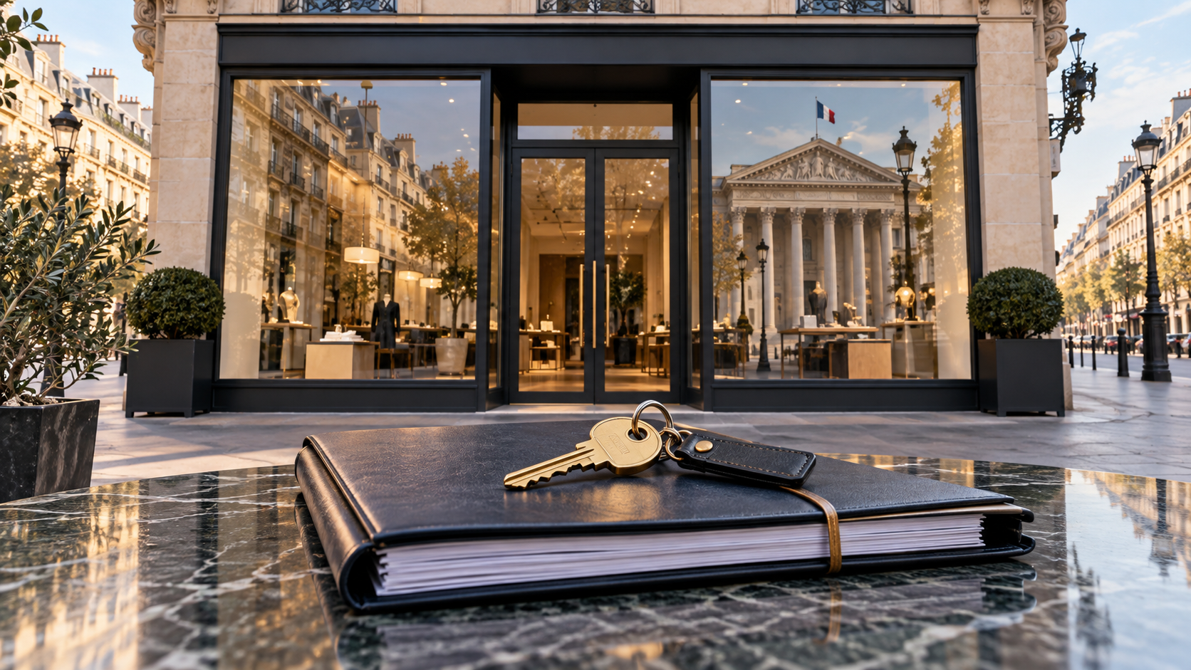 Devanture de local commercial et dossier de bail, illustration juridique