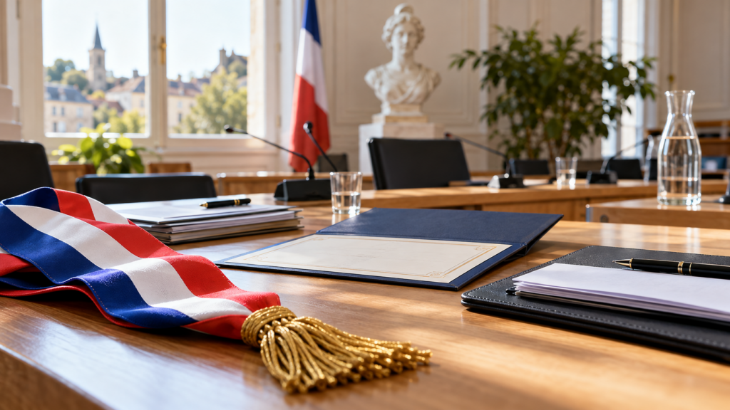 Salle de conseil municipal avec écharpe tricolore et dossier de certification