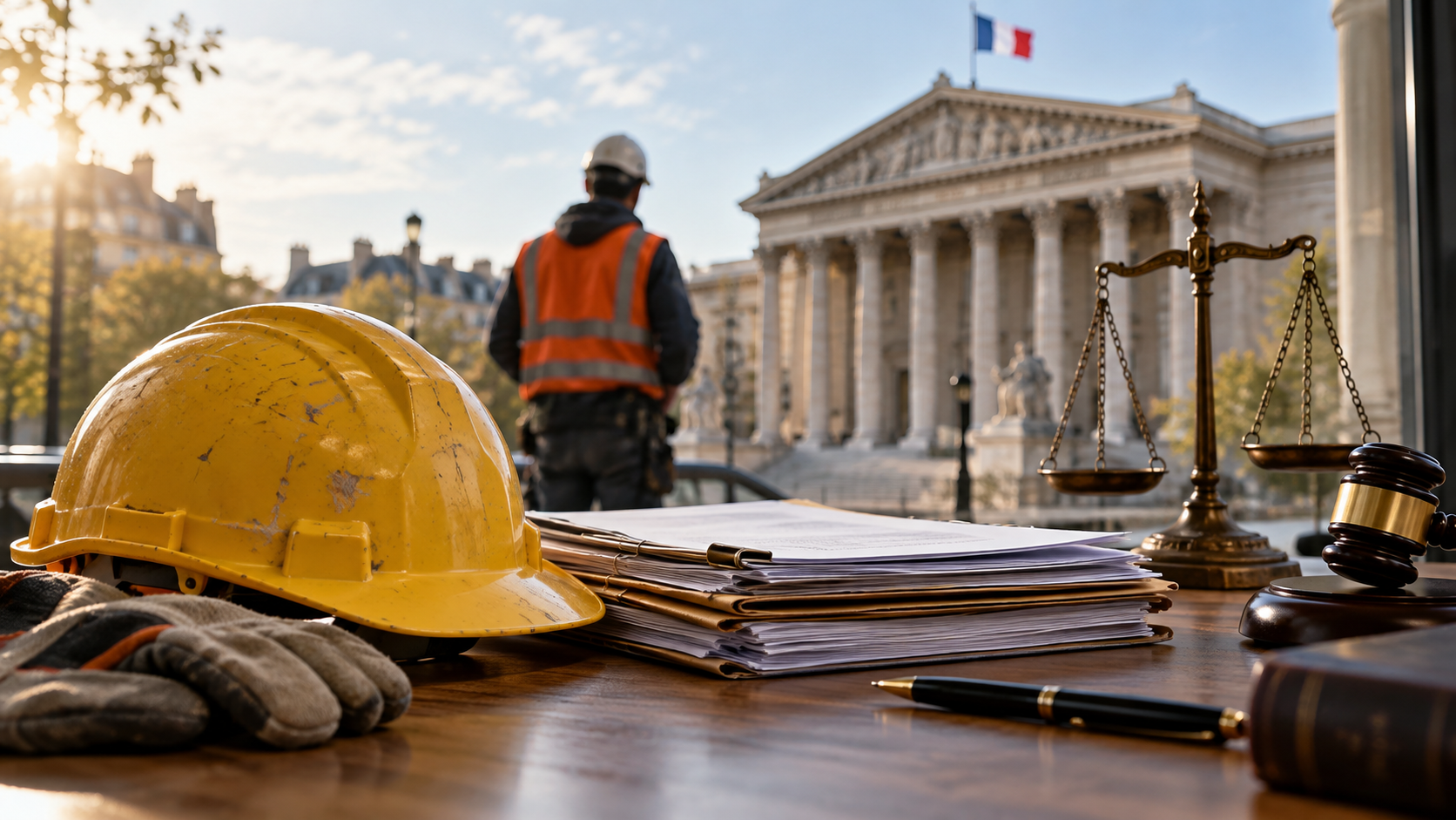 Casque de chantier et dossier juridique, illustration du droit des accidents du travail