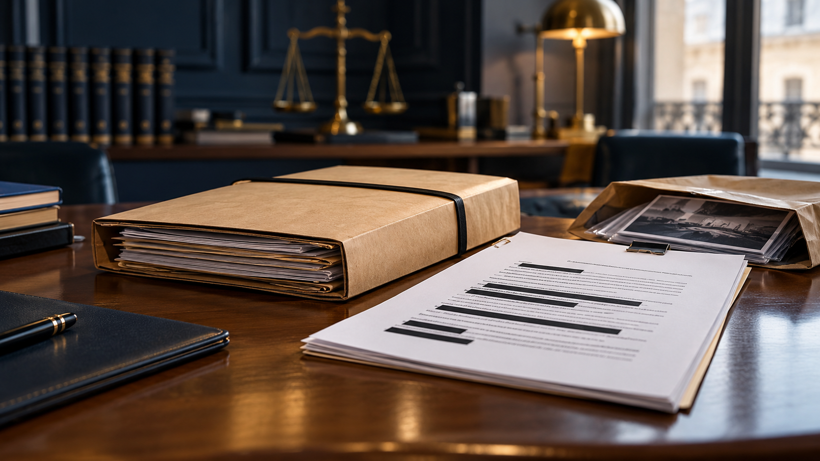 Dossier pénal confidentiel et note de procédure anonymisée sur un bureau judiciaire