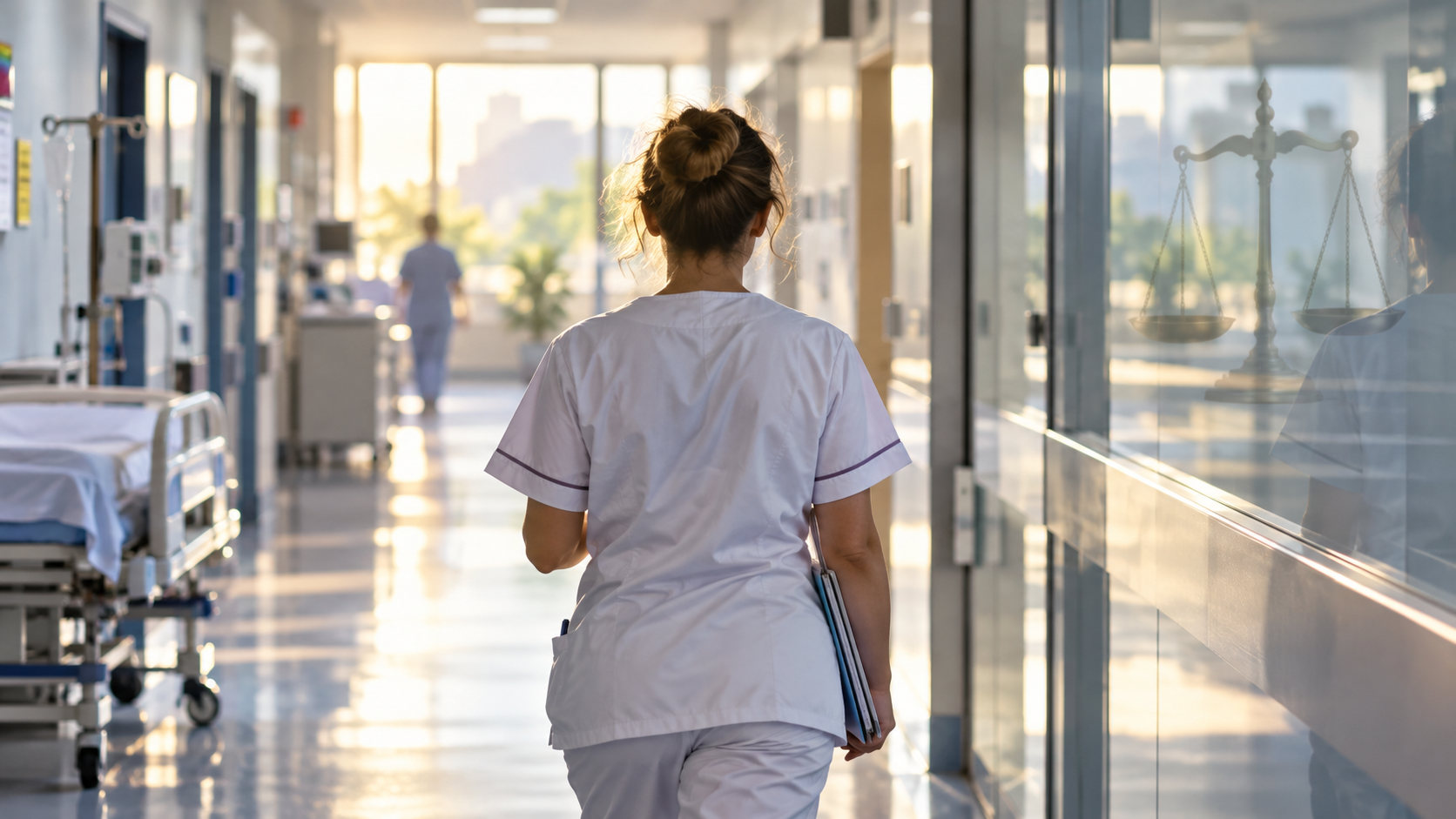 Infirmière dans un couloir d’hôpital, illustration juridique