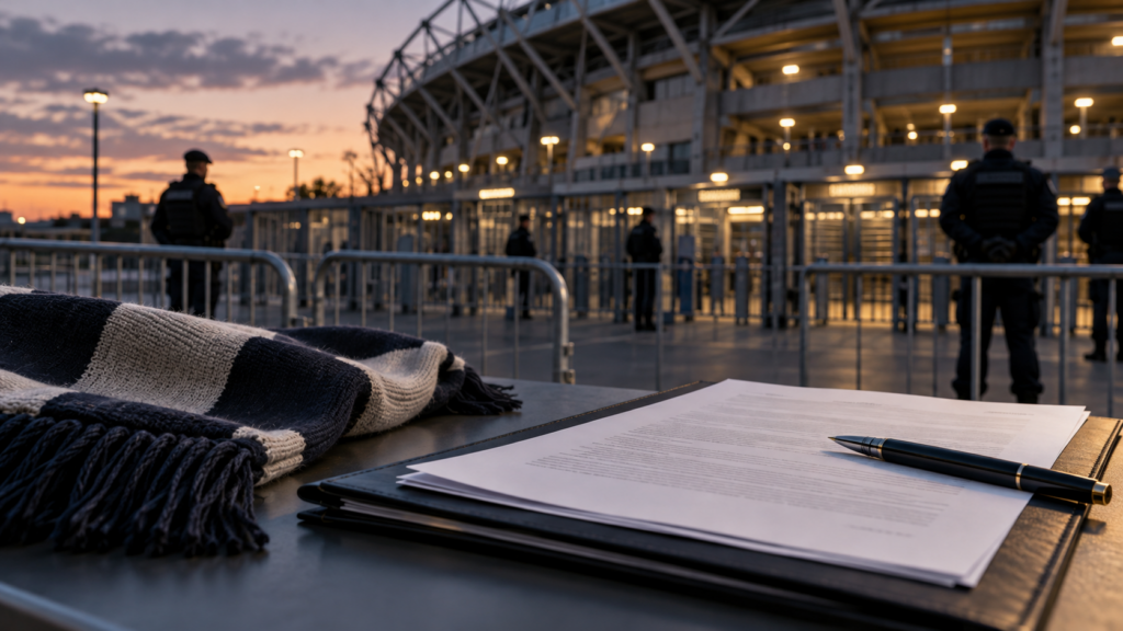 Stade avec barrières de sécurité et dossier administratif
