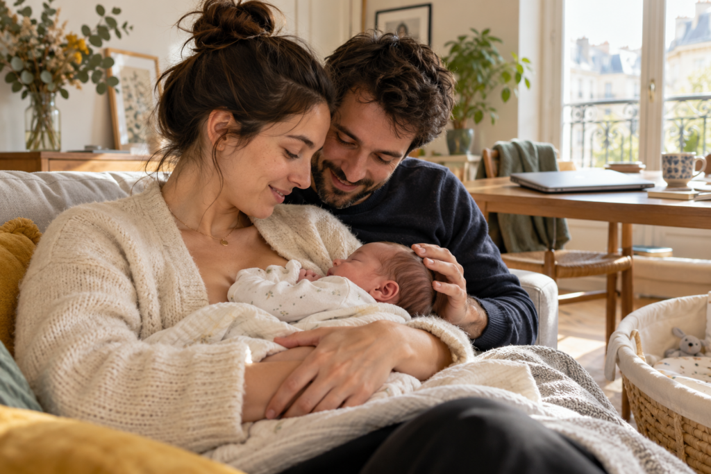 Deux parents auprès de leur nouveau-né pendant le nouveau congé de naissance
