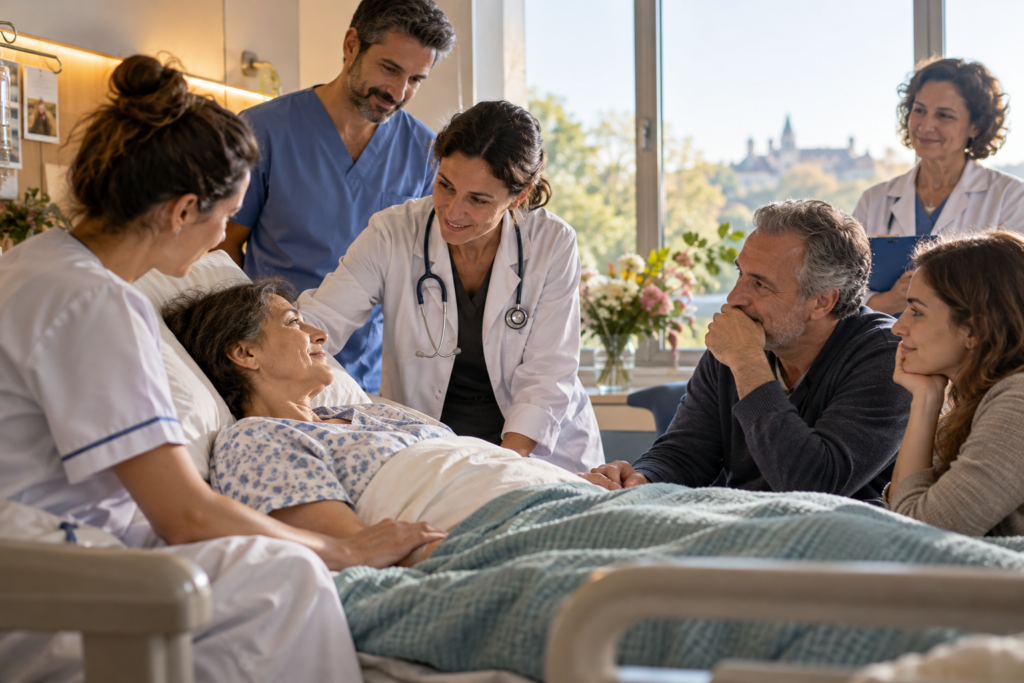 Équipe de soins palliatifs accompagnant une patiente et sa famille